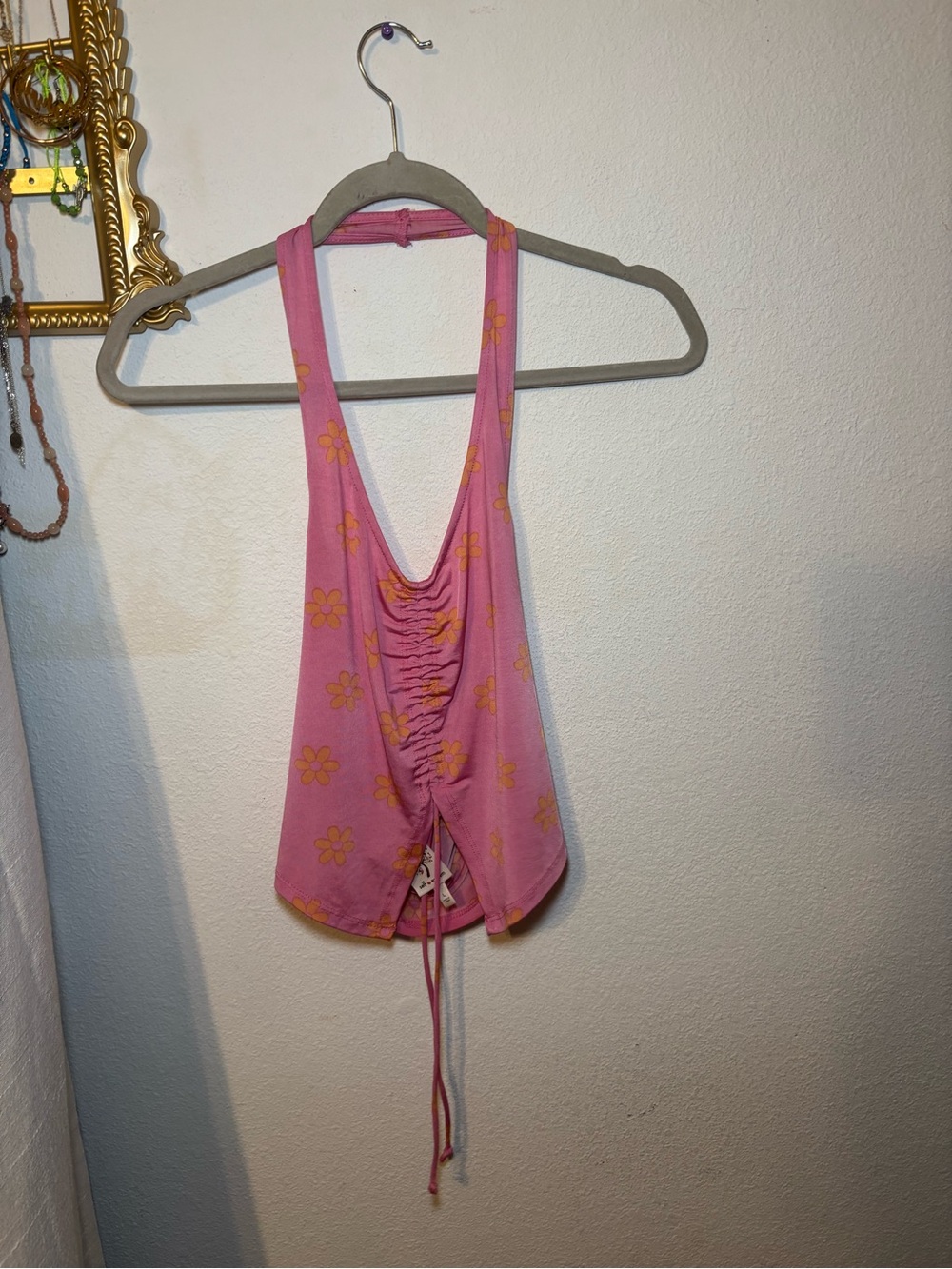Pink Floral Ruched Back Tank Top